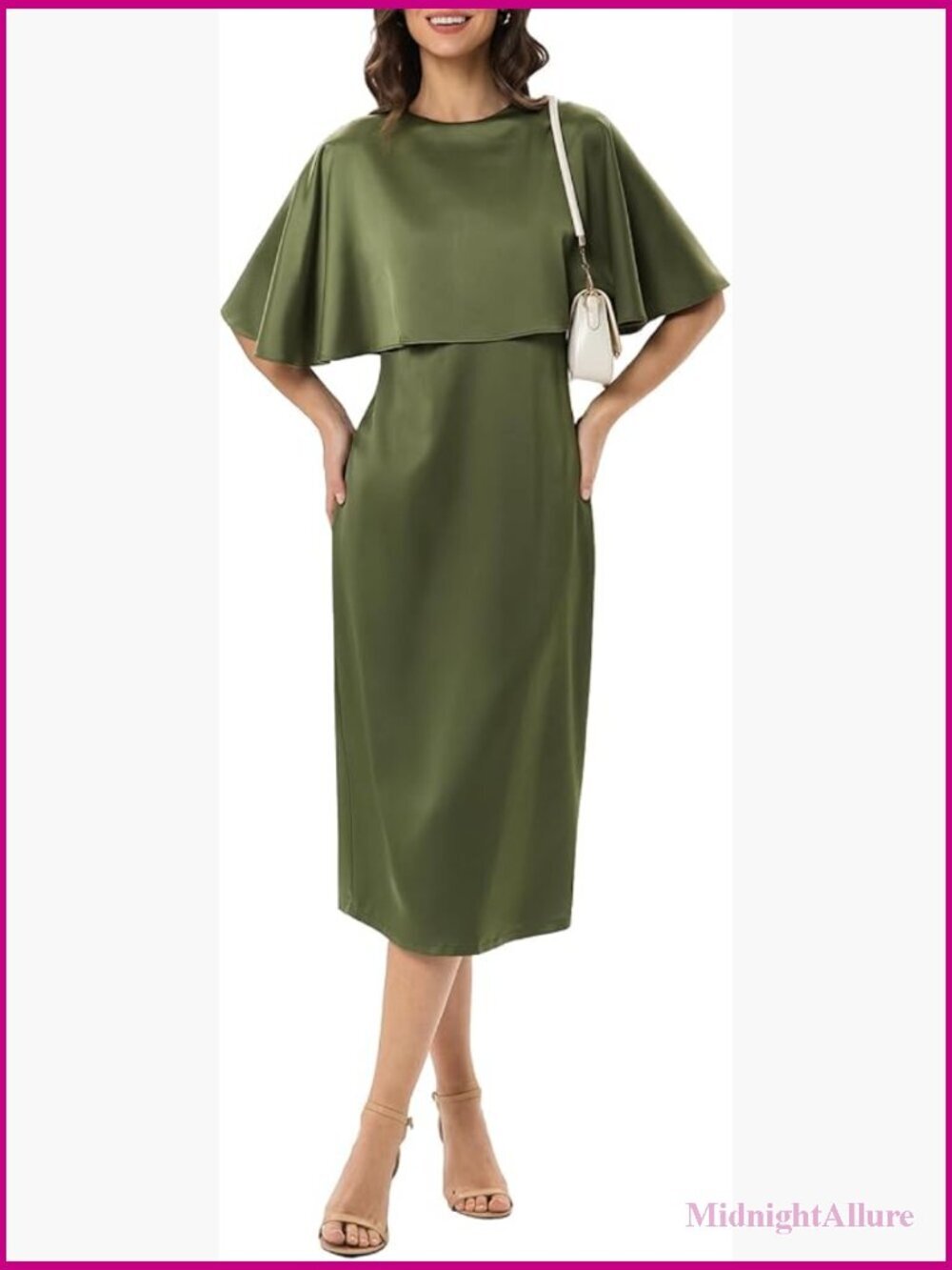 Satin Cape Sleeve Bodycon Maxi Dress for Wedding Guest Cocktail Party